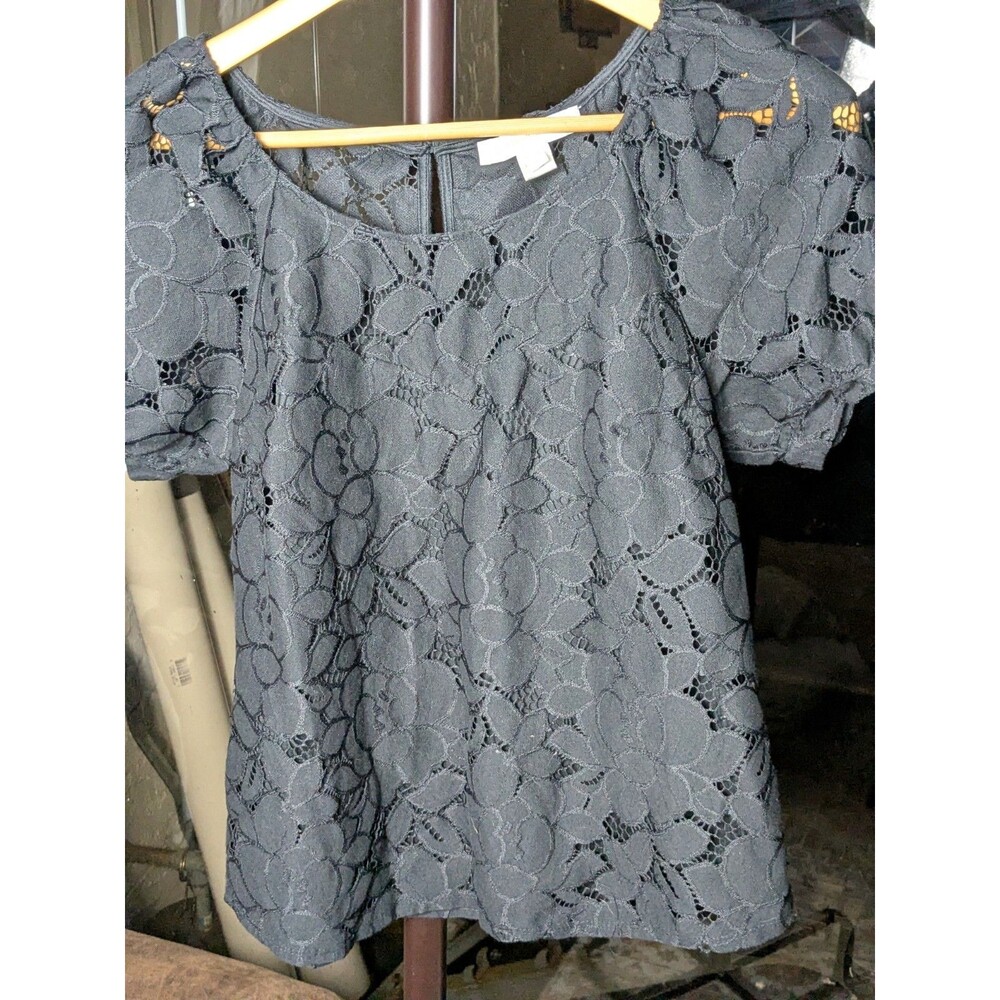 Monteau Los Angelos Black Lace Puff Short Sleeve Blouse M - Picture 7 of 7